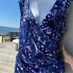 Style & Co wrap style sleeveless top in blue and navy paisley swirls. Ruching.